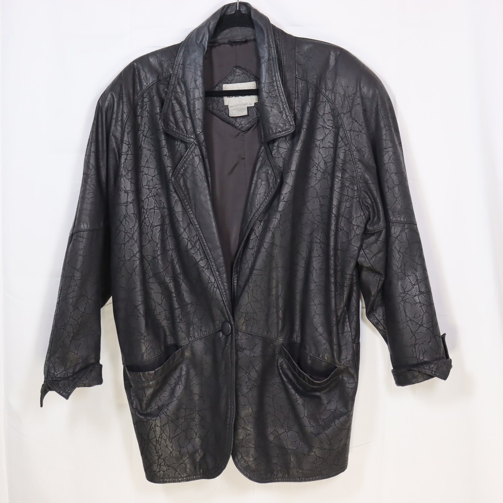 Best Leather Jacket Women Medium Black Crackle Textured Vintage Oversized Blazer